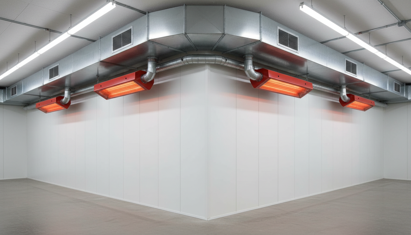 A detailed close-up of a corner section inside a heated warehouse, focusing on industrial-grade HVAC vents, radiant heaters, and clean white insulated wall panels. The junction of the floor and wall appears immaculate, with subtle texture variations on the polished concrete. Overhead LED strip lighting casts even, bright illumination, creating crisp, shadow-free visibility and emphasizing the high-quality infrastructure. The mood is reassuring and technical, perfect for showcasing the sophistication of climate-controlled commercial spaces. Photographed with a shallow depth of field and symmetrical framing, the image style is sharp and ultra-modern.
