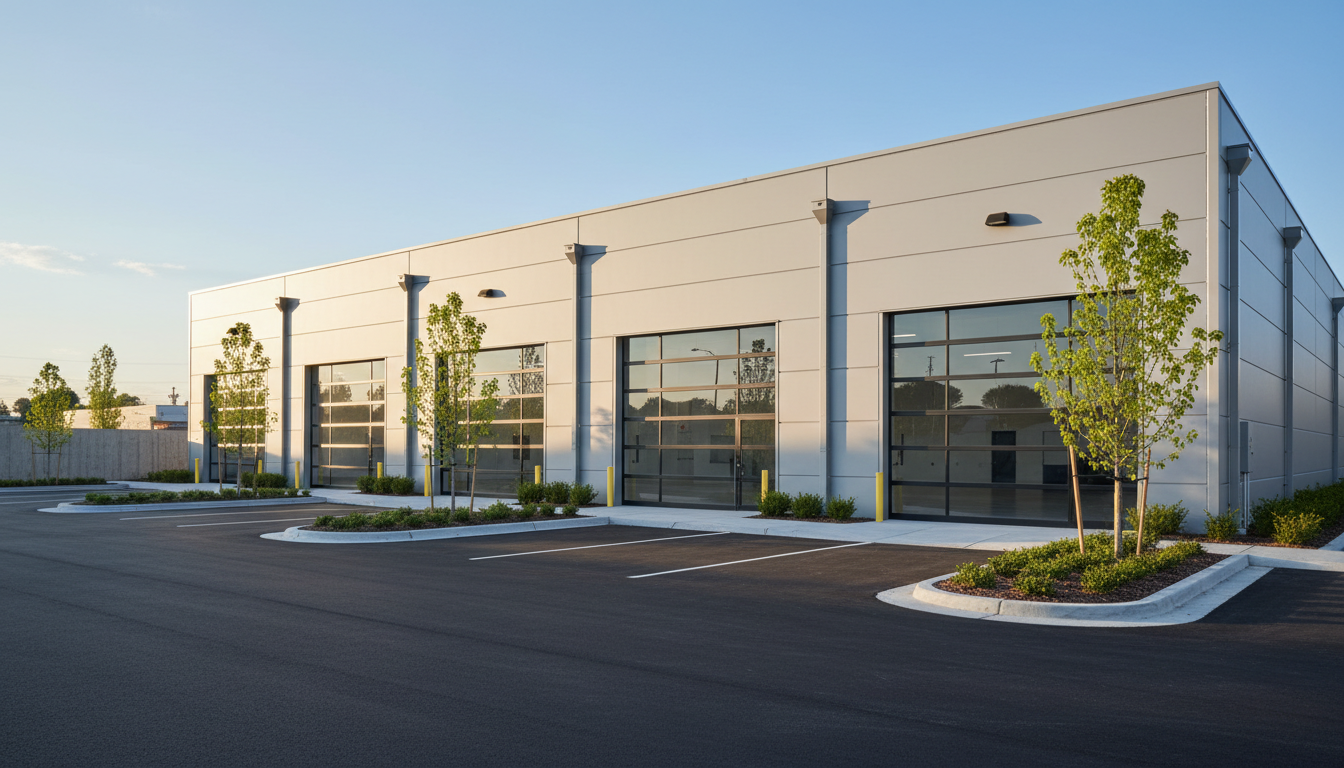 A row of three contemporary commercial warehouse units, each with sleek metal facades in neutral gray tones and large, glass-paneled overhead doors. These units are surrounded by freshly paved asphalt and neatly manicured landscaping, including young ornamental trees and low shrubs. Late afternoon sunlight creates warm highlights and gentle shadows across the building exteriors, enhancing the visual appeal. The mood is optimistic and energetic, portraying a vibrant business environment. The scene is captured from ground level at a slight angle to showcase depth and perspective, embracing a minimalist, photographic approach ideal for real estate presentation.
